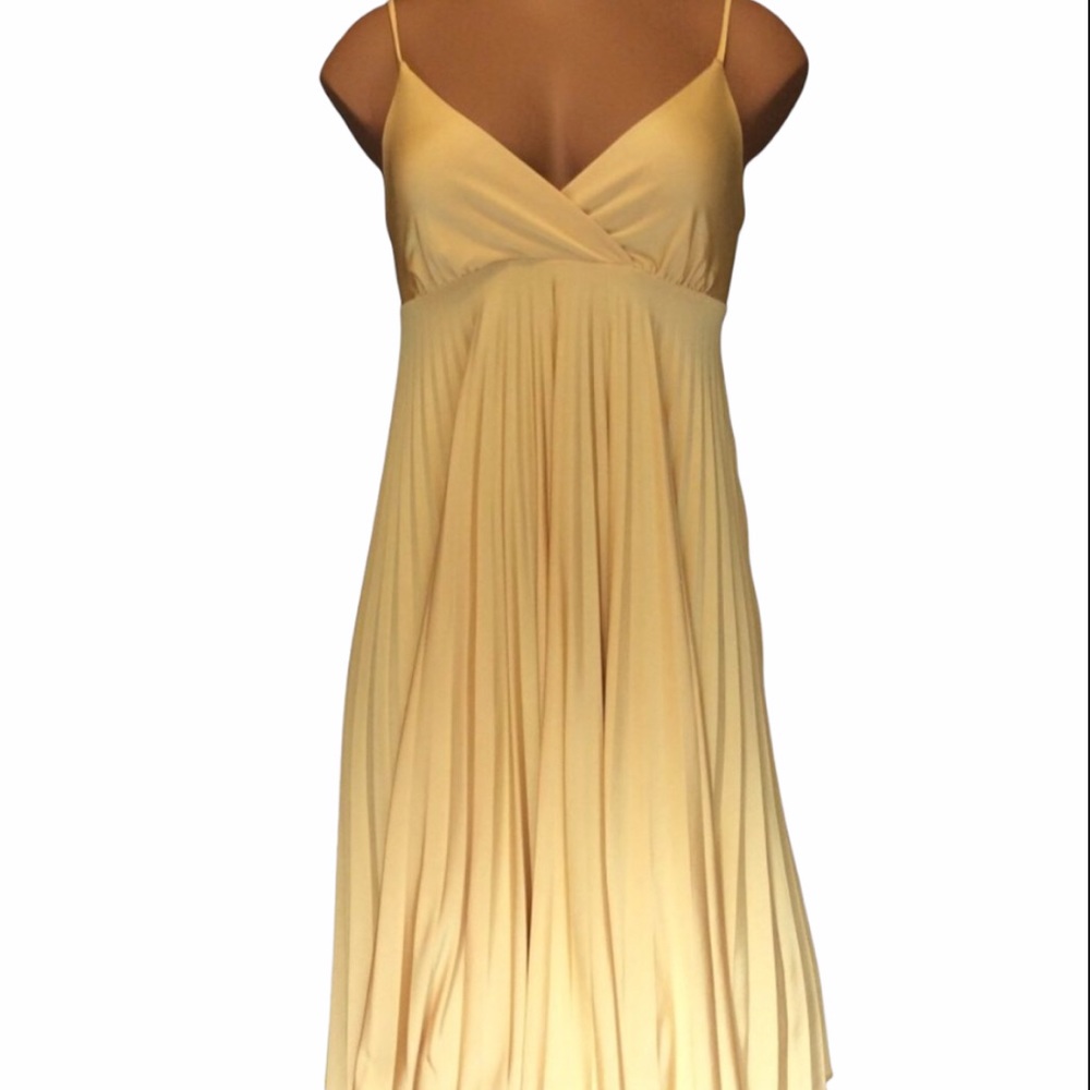 Silky Golden Pleated Strapless Midi Dress